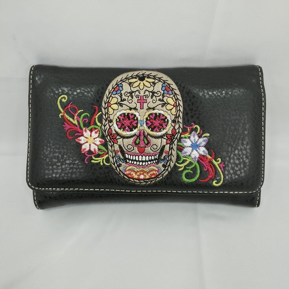 Womens Sugar Skull Wallet Black Embroidered Floral Trifold Western Goth Y2K